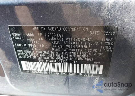 2018 Subaru Outback 2.5I Premium z USA, uszkodzony, nr VIN 4S4BSACC9J3311047